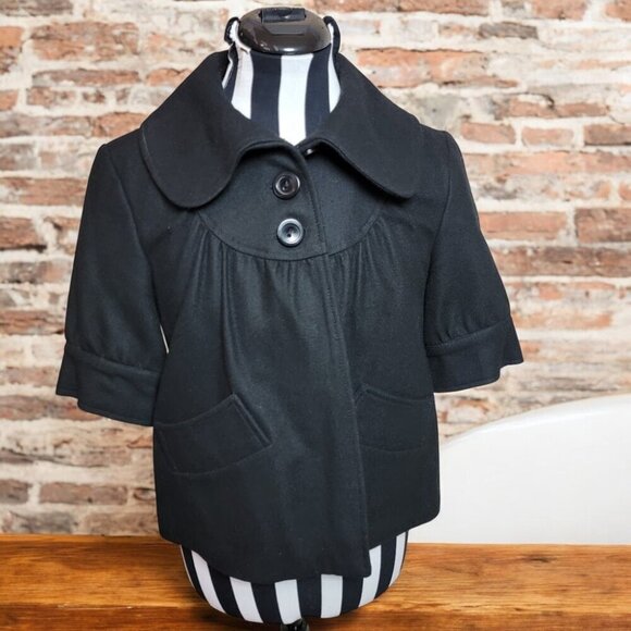 Tulle Anthropologie Black Wool Blend Button Front Short Jacket Coat - Size XS - Picture 1 of 8